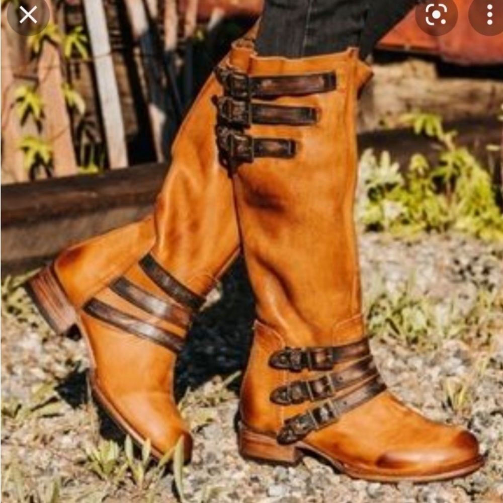 Freebird Boots Raylene Tall Leather Boots Boho Buckle Like New W/Box Cognac Sz 7